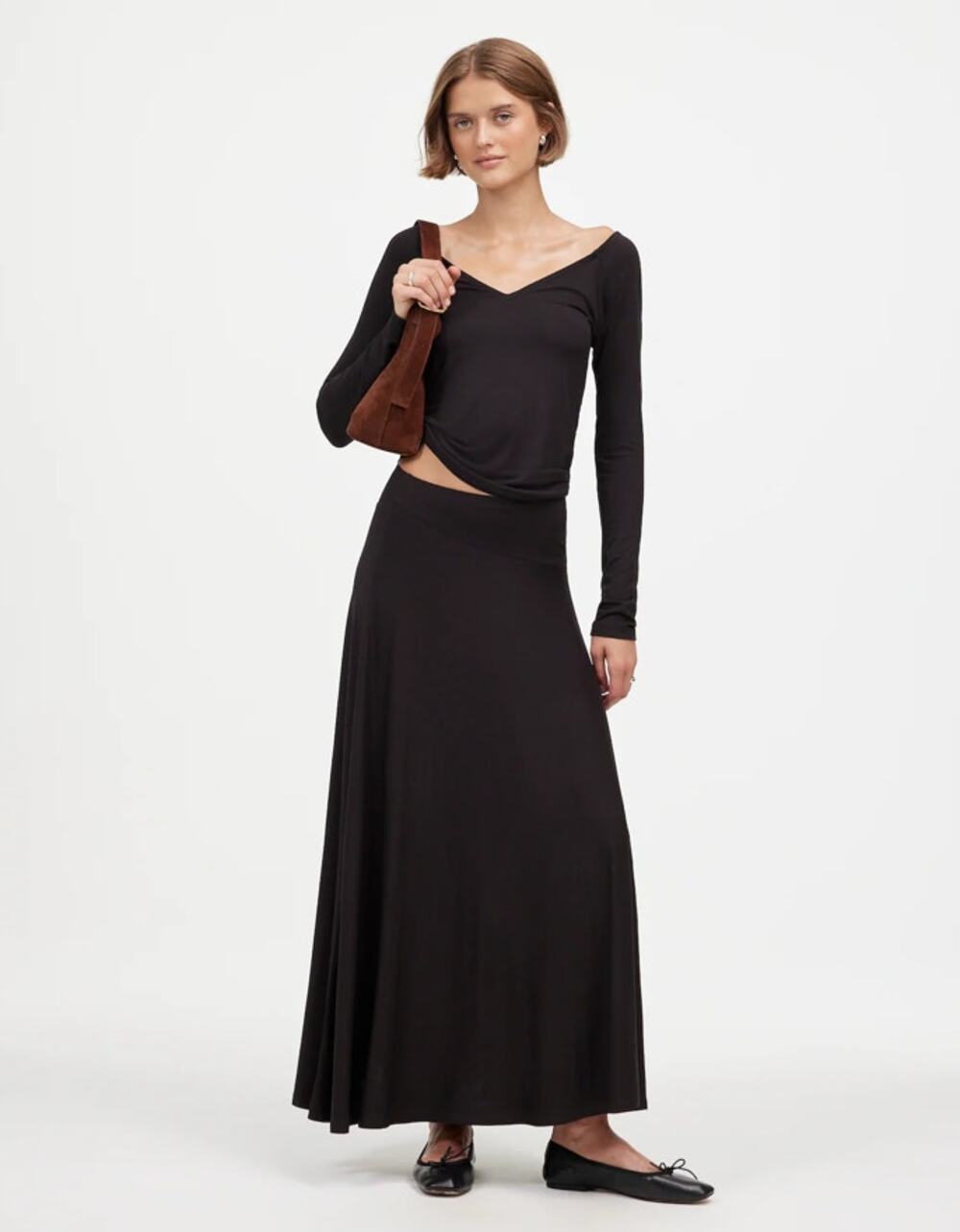 Madewell Jersey Asymmetric-Seam Midi Skirt Sz XS Jet Black Knit Pull On Stretch